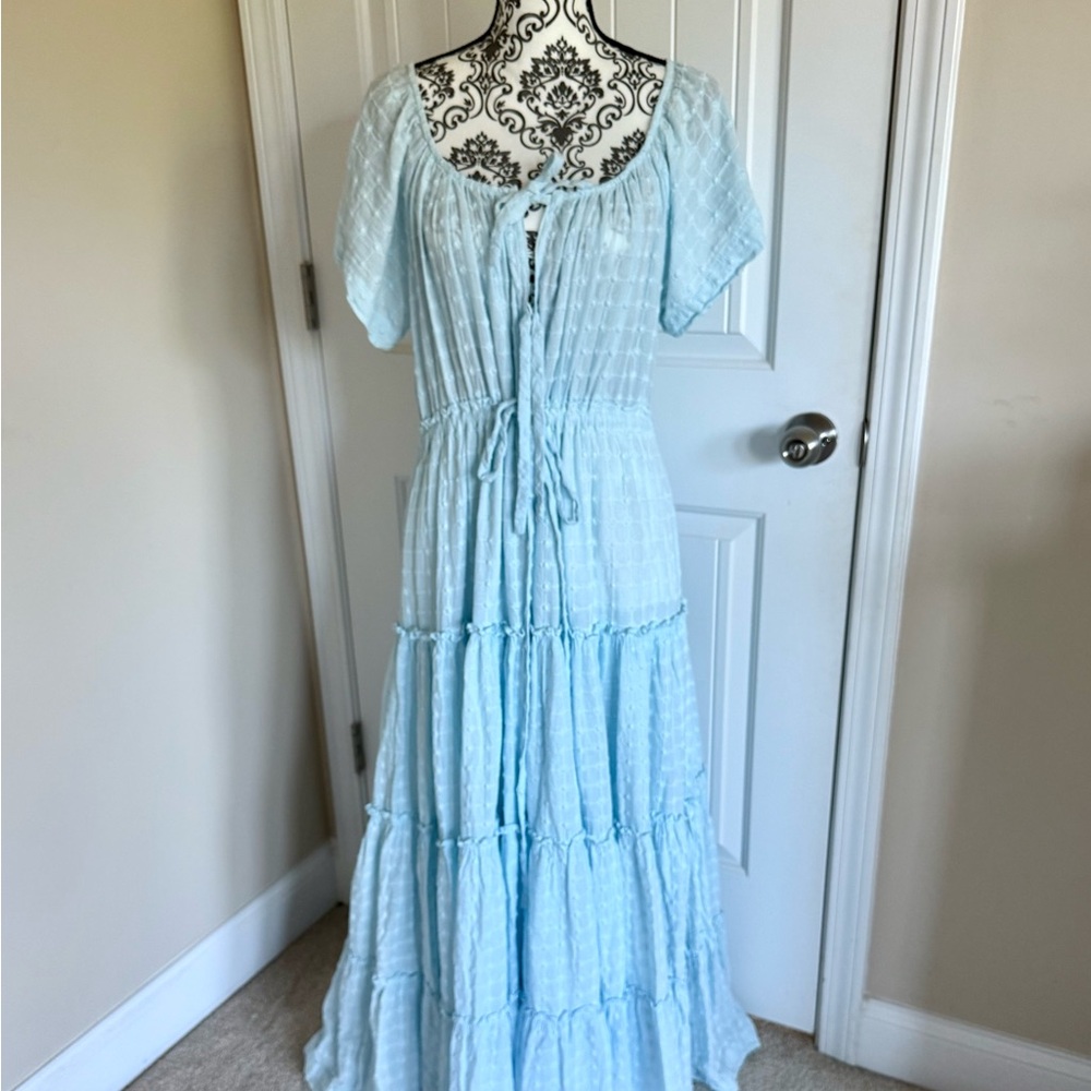 Light Blue Tiered Maxi Dress with Tie Waist